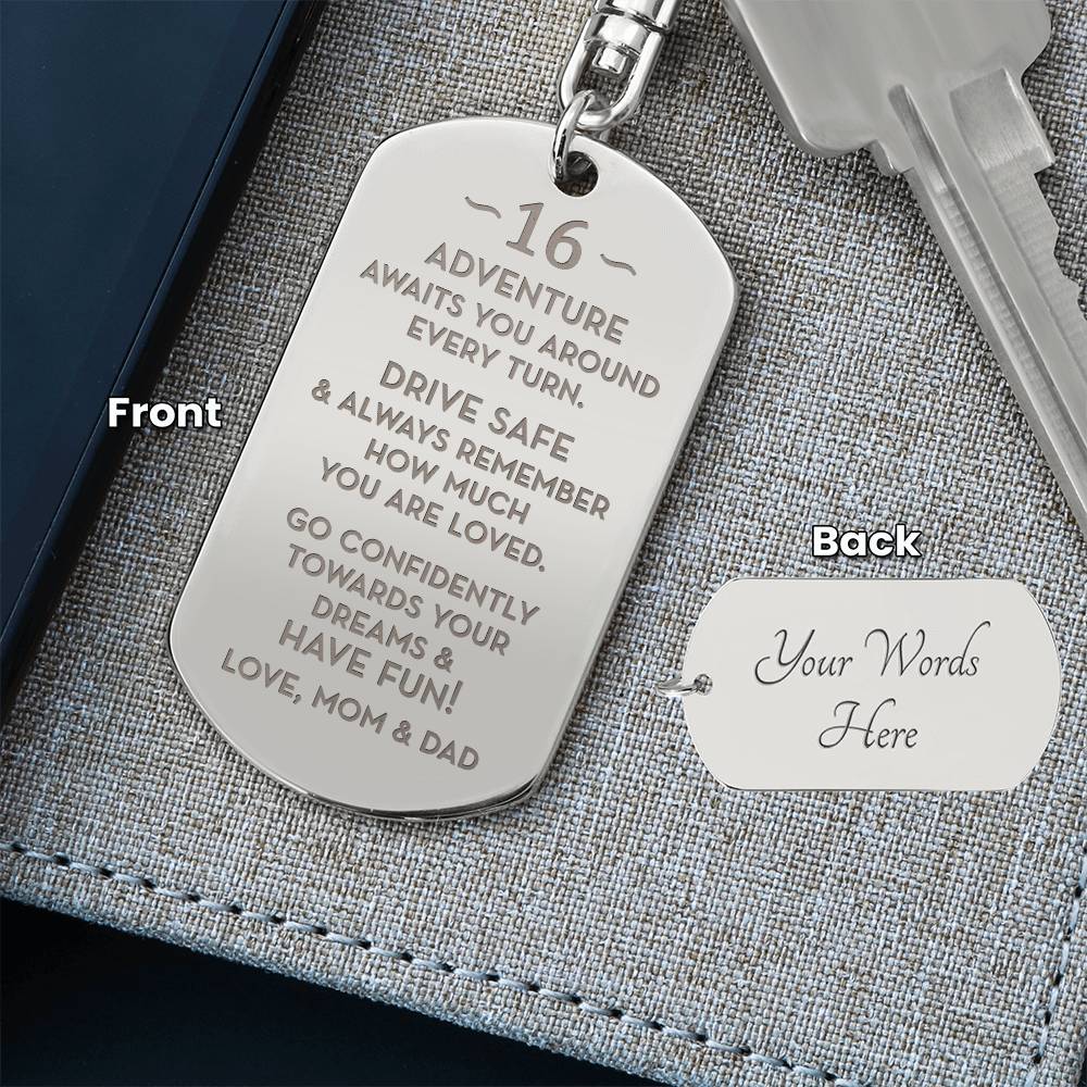 16th Birthday Gift, Gift for 16th Birthday from Mom and Dad, Personalized Dog Tag Keychain