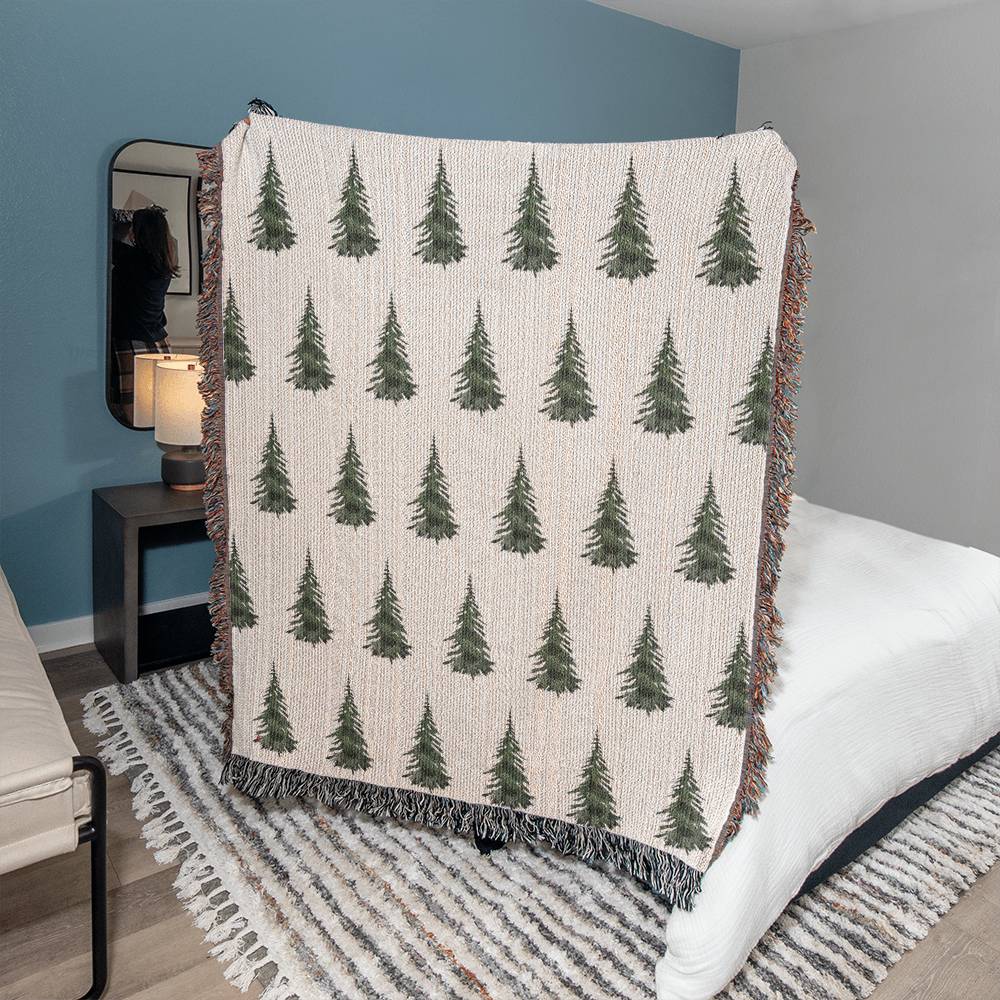 Watercolor Pine Trees Woven Throw, Christmas Tree Throw Blanket, Cabin Blanket, Farmhouse Decor