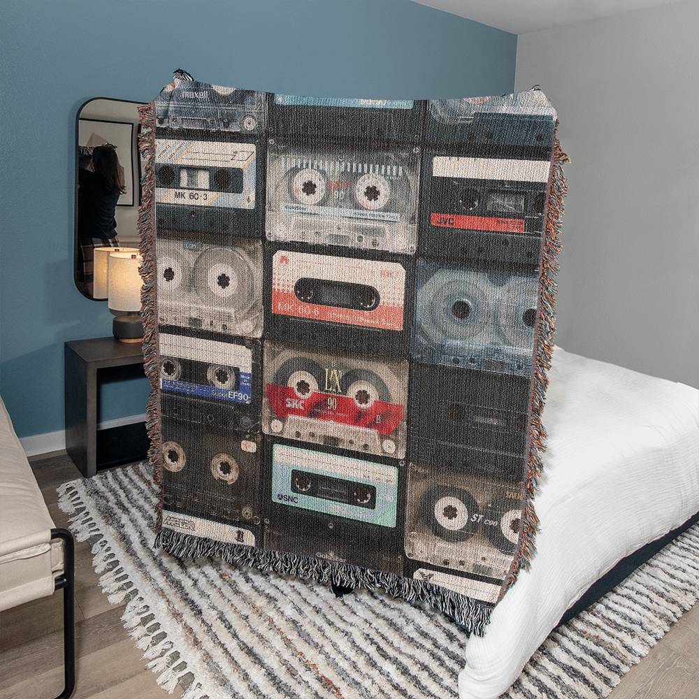 Retro Cassette Woven Throw, Mixtape Blanket, Gift for Music Lover