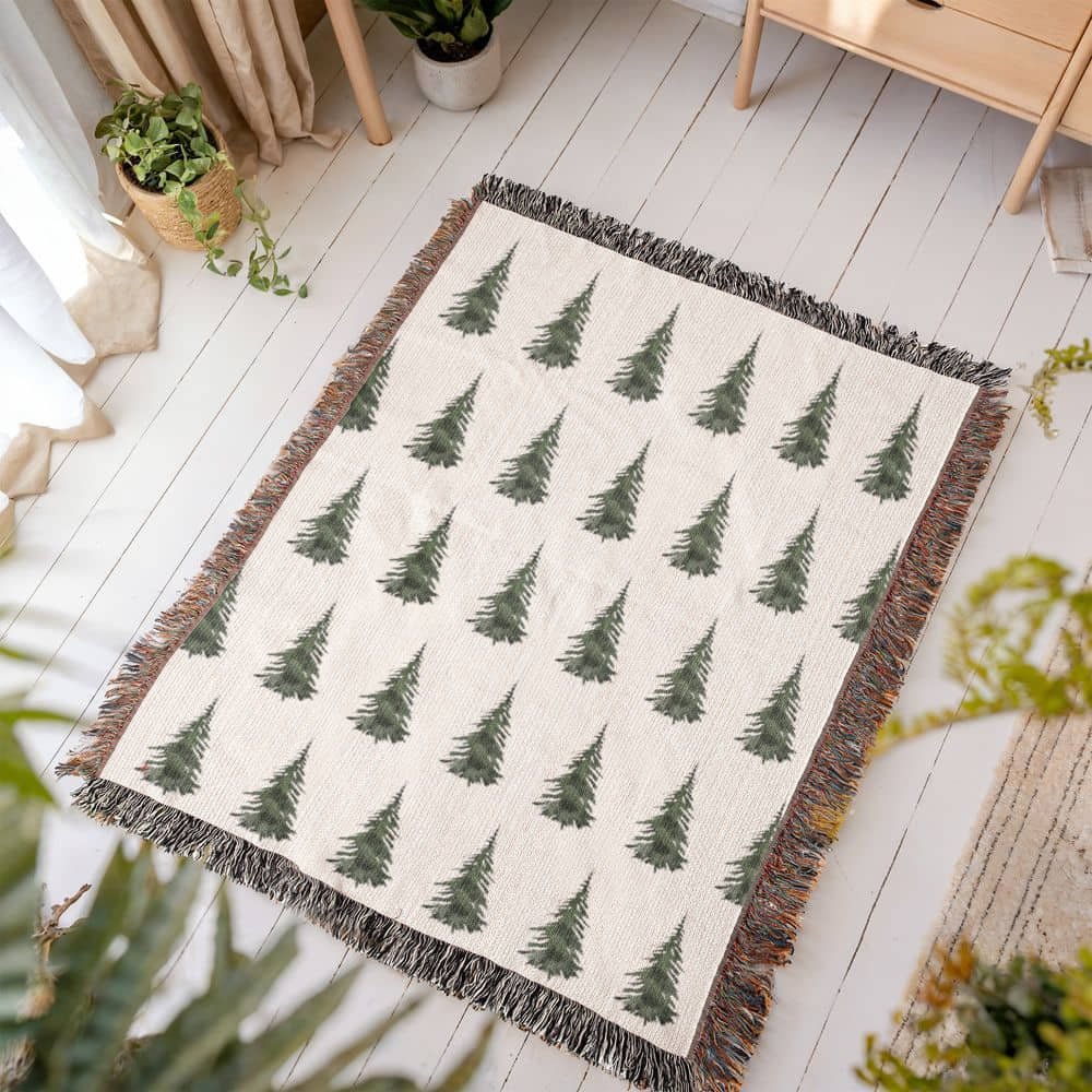 Watercolor Pine Trees Woven Throw, Christmas Tree Throw Blanket, Cabin Blanket, Farmhouse Decor