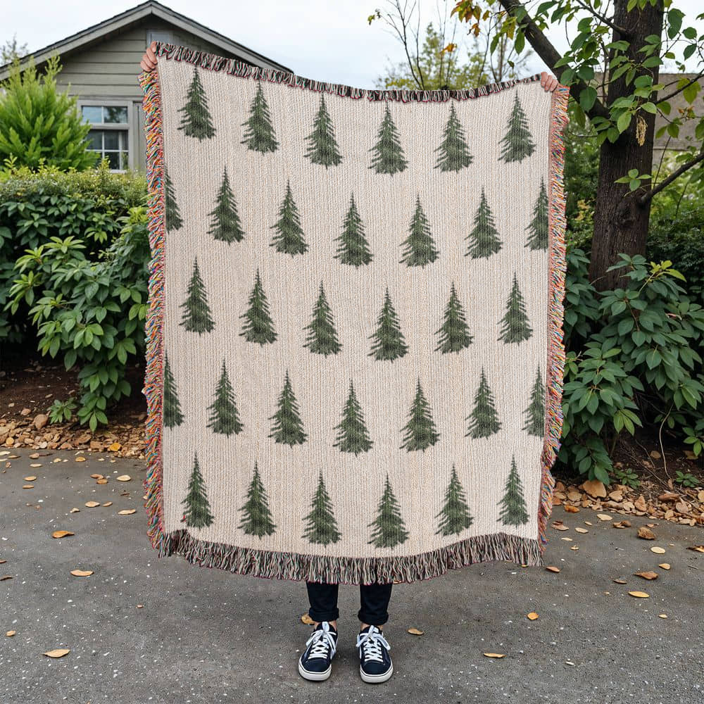 Watercolor Pine Trees Woven Throw, Christmas Tree Throw Blanket, Cabin Blanket, Farmhouse Decor