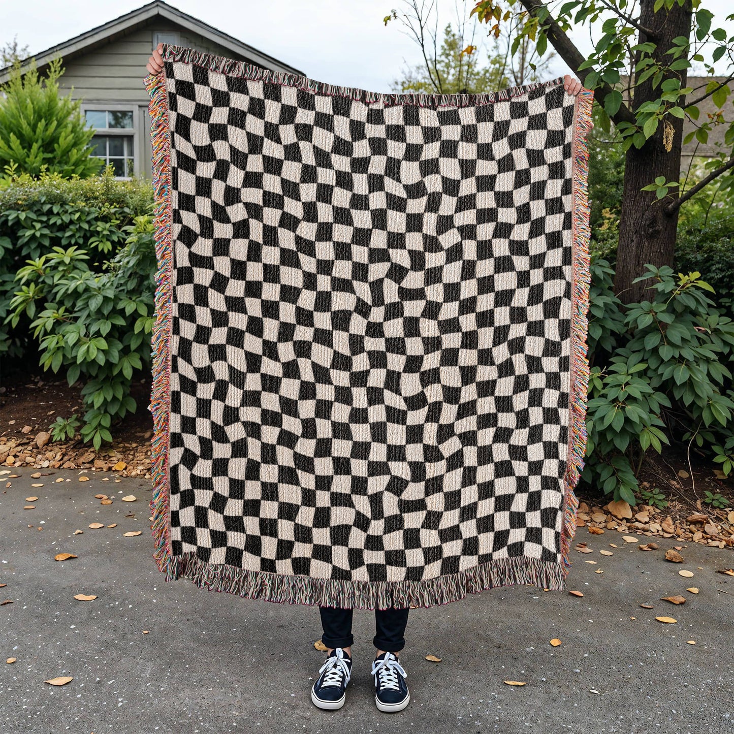 Wavy Checkered Woven Throw, Checkered Cotton Throw, Retro Woven Blanket