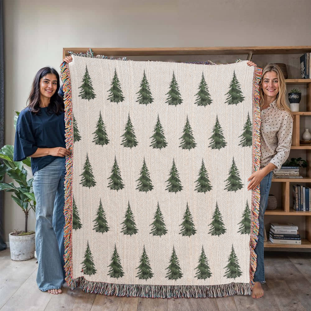 Watercolor Pine Trees Woven Throw, Christmas Tree Throw Blanket, Cabin Blanket, Farmhouse Decor