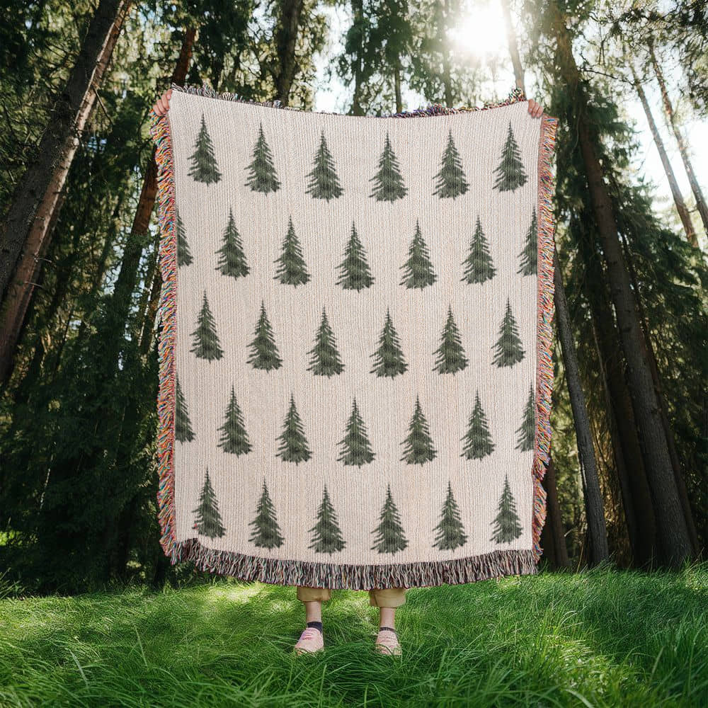 Watercolor Pine Trees Woven Throw, Christmas Tree Throw Blanket, Cabin Blanket, Farmhouse Decor