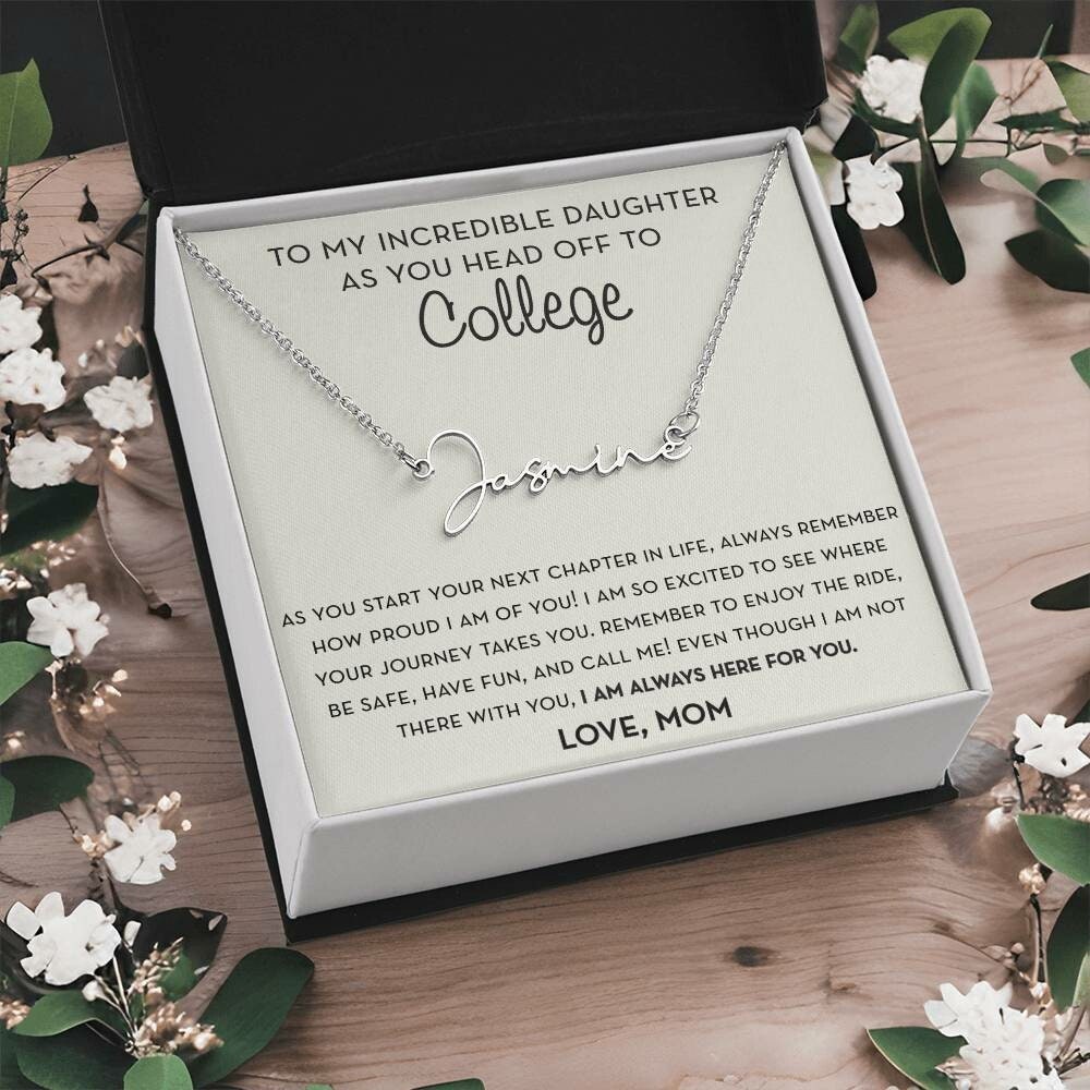 Personalized Gift for Daughter Going to College from Mom, Script Name Necklace, Mother Daughter, Freshman Daughter, Starting College Gift