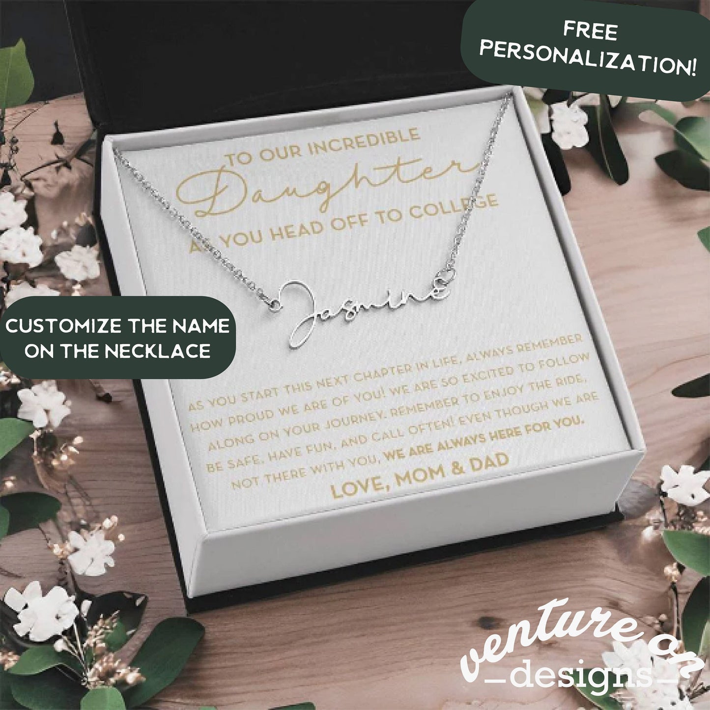 Personalized Gift for Daughter Going to College, Custom Name Necklace, Freshman Daughter, Gift from Mom and Dad, Moving to College Gift