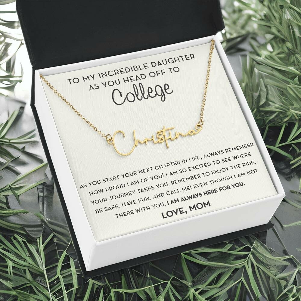 Personalized Gift for Daughter Going to College from Mom, Script Name Necklace, Mother Daughter, Freshman Daughter, Starting College Gift