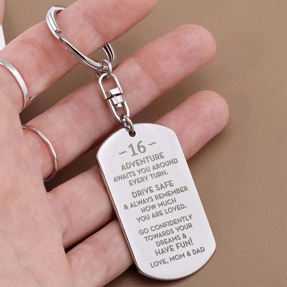 16th Birthday Gift, Gift for 16th Birthday from Mom and Dad, Personalized Dog Tag Keychain