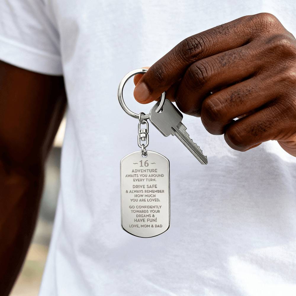 16th Birthday Gift, Gift for 16th Birthday from Mom and Dad, Personalized Dog Tag Keychain