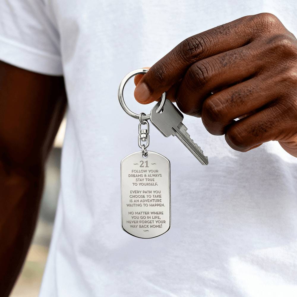 21st Birthday Gift, Gift for 21st Birthday for Him, Dog Tag Engraved Keychain