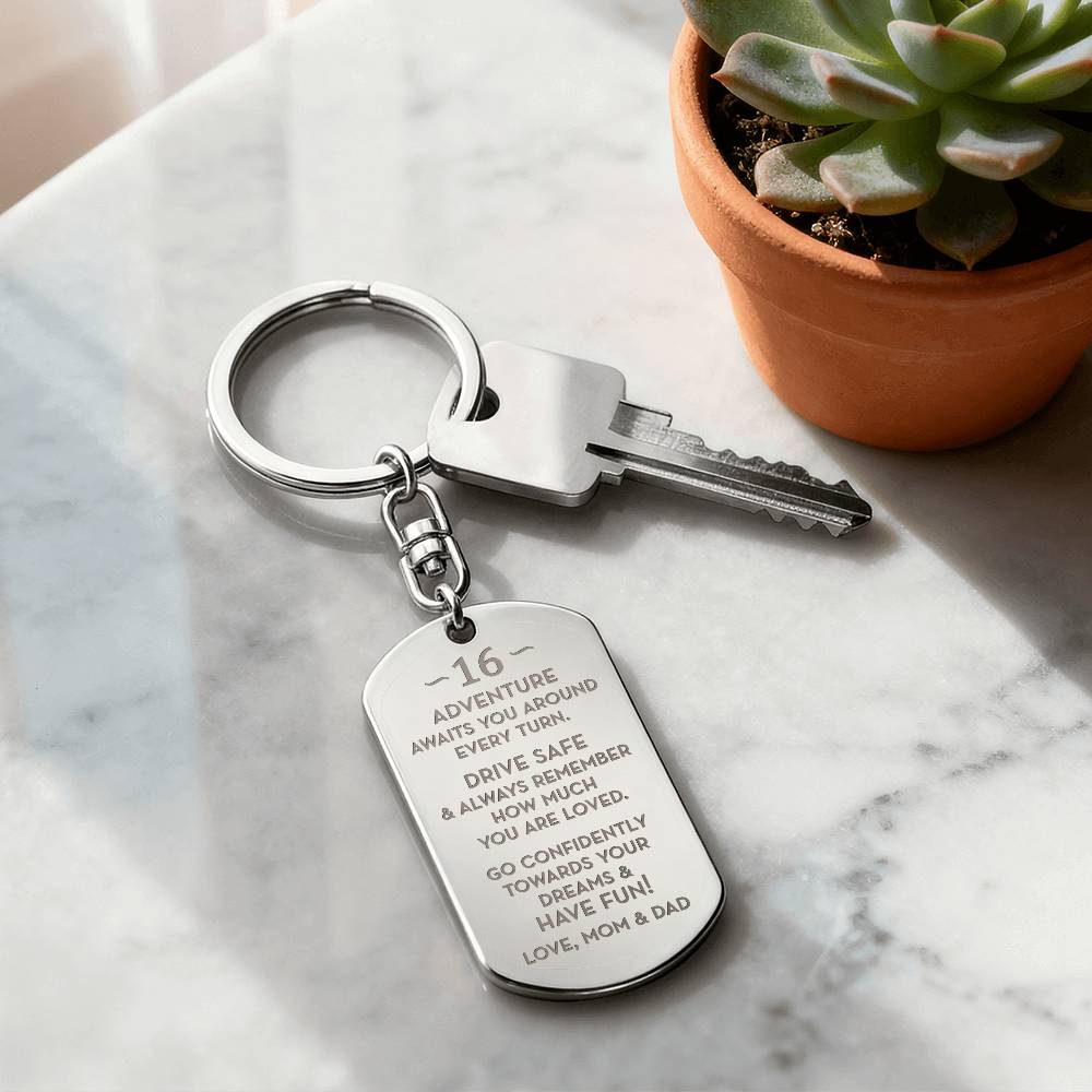 16th Birthday Gift, Gift for 16th Birthday from Mom and Dad, Personalized Dog Tag Keychain