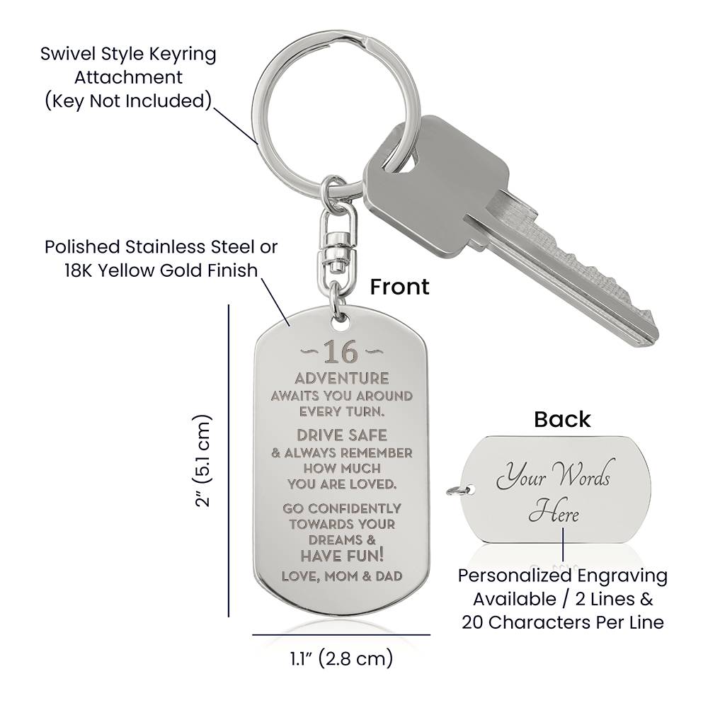 16th Birthday Gift, Gift for 16th Birthday from Mom and Dad, Personalized Dog Tag Keychain