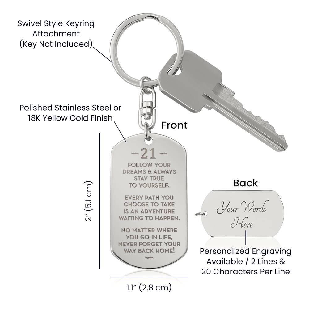 21st Birthday Gift, Gift for 21st Birthday for Him, Dog Tag Engraved Keychain