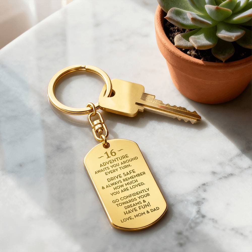 16th Birthday Gift, Gift for 16th Birthday from Mom and Dad, Personalized Dog Tag Keychain