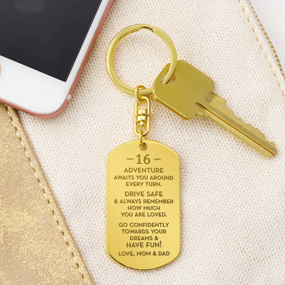 16th Birthday Gift, Gift for 16th Birthday from Mom and Dad, Personalized Dog Tag Keychain