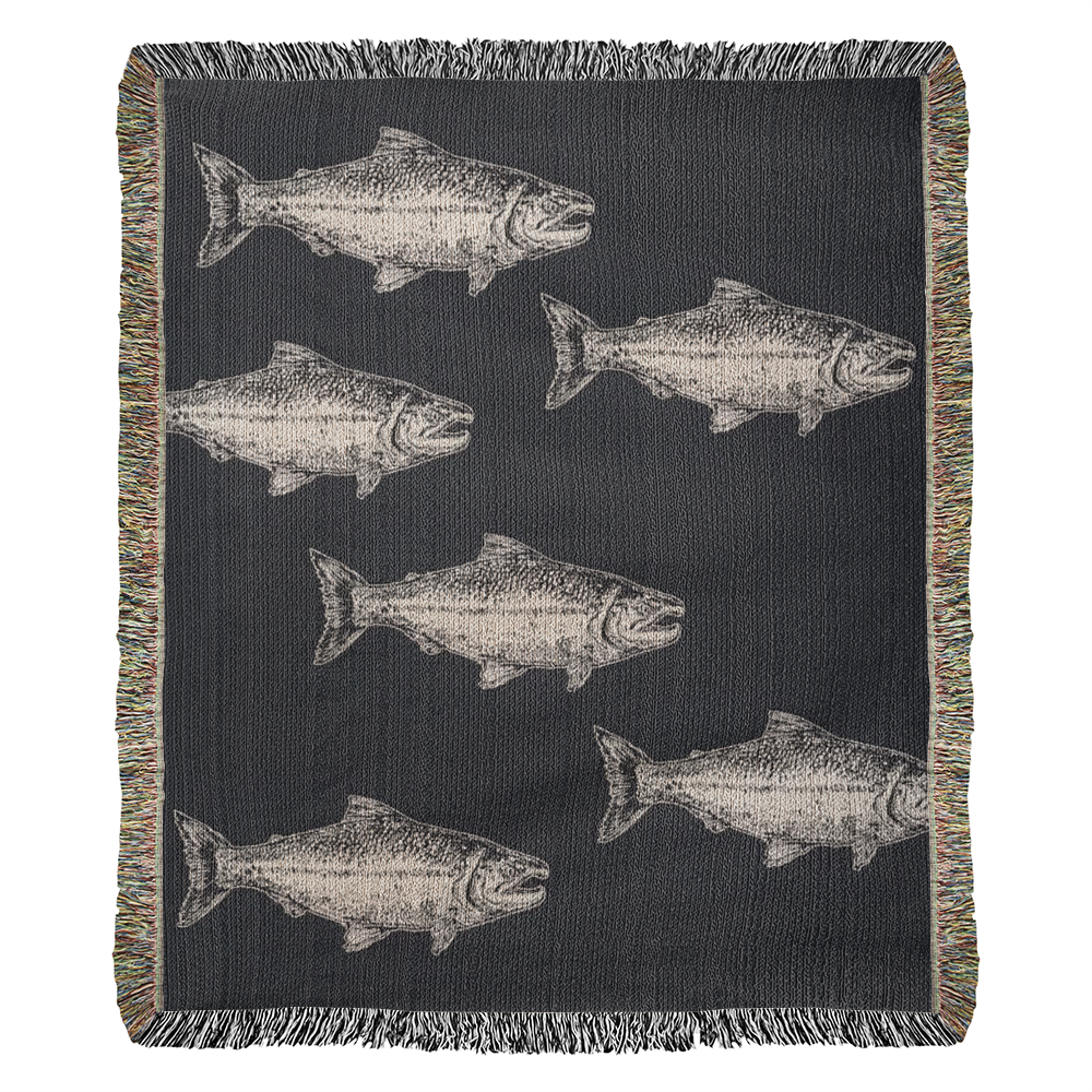 Salmon Run Blanket, Salmon Woven Throw Navy, Salmon Fish Tapestry