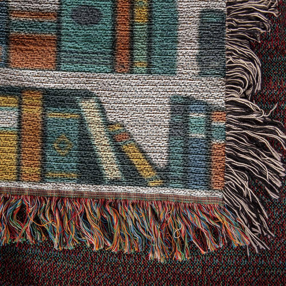 Boho Bookshelf Woven Throw, Cozy Book Blanket