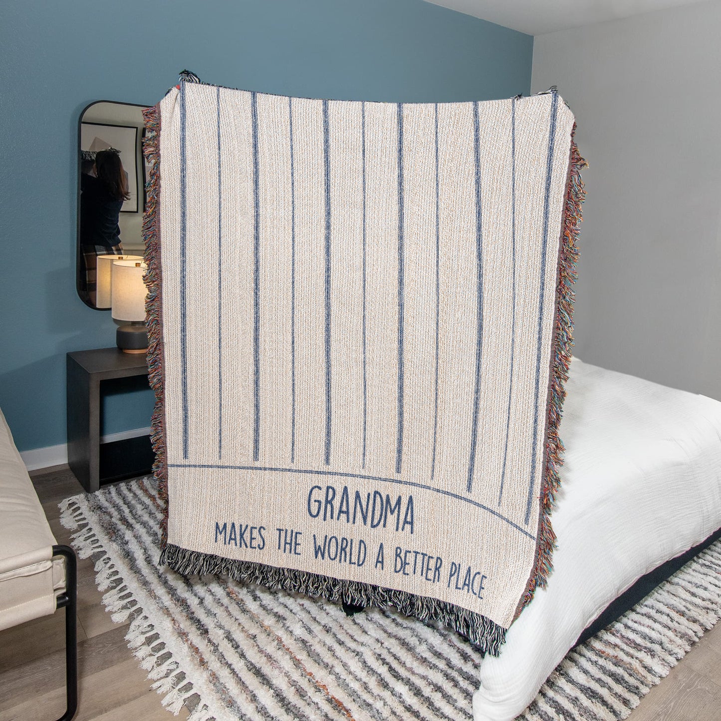 Grandma Gift, Grandma Woven Throw, Ticking Striped Blanket, Gift for New Grandma