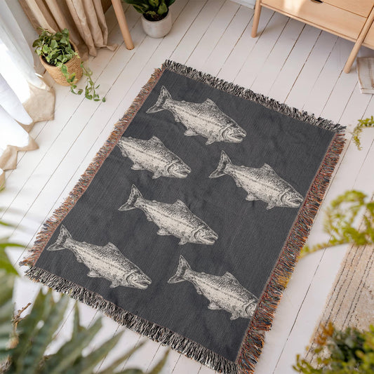 Salmon Run Blanket, Salmon Woven Throw Navy, Salmon Fish Tapestry