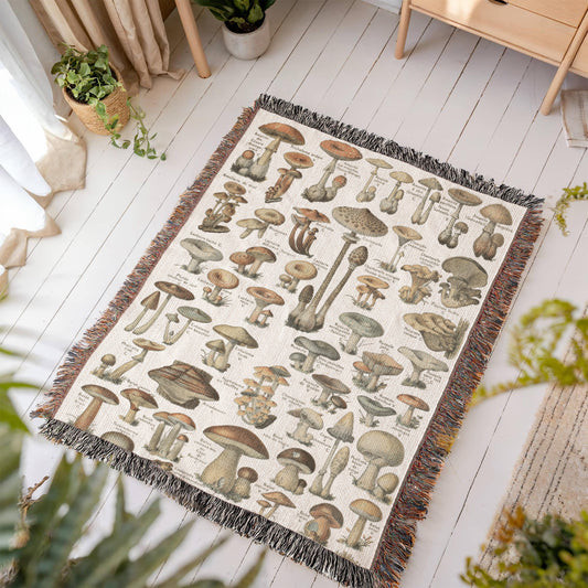 Vintage Mushroom Artwork Woven Blanket