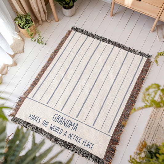 Grandma Gift, Grandma Woven Throw, Ticking Striped Blanket, Gift for New Grandma
