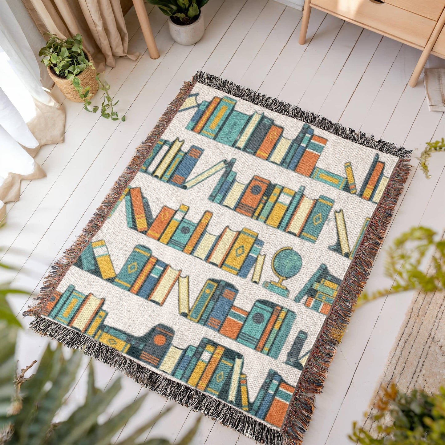 Boho Bookshelf Woven Throw, Cozy Book Blanket
