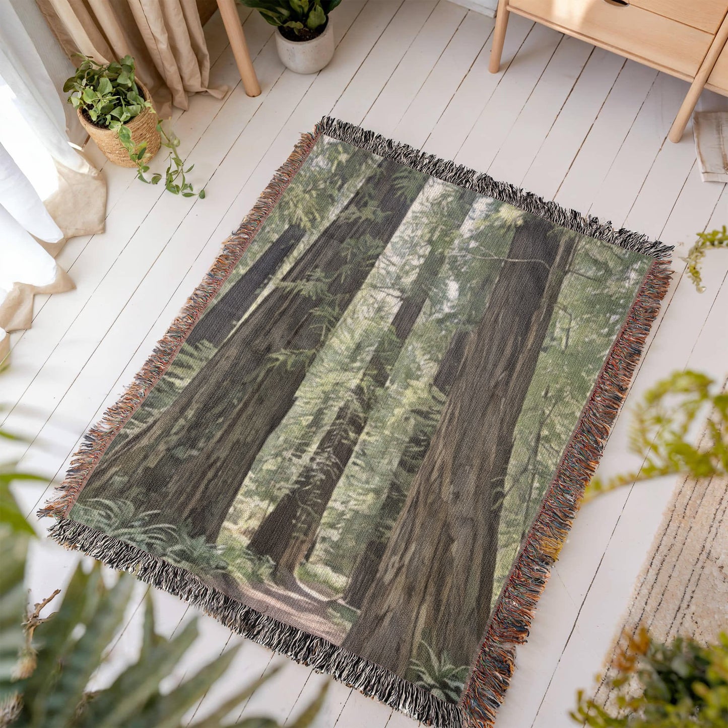 Redwoods Forest Walk Watercolor Woven Blanket