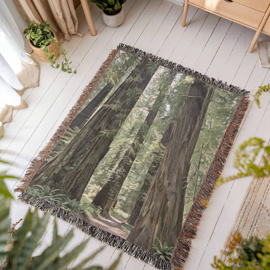 Redwoods Forest Walk Watercolor Woven Blanket