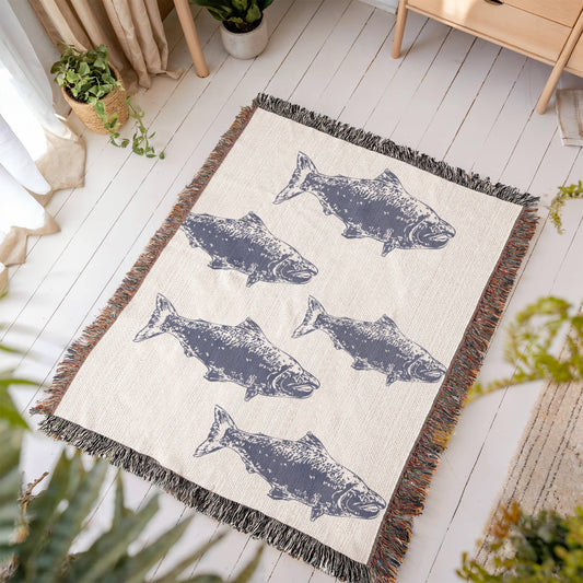 Salmon Blanket, Salmon Woven Throw, Salmon Wall Tapestry, Salmon Run Fish Blanket