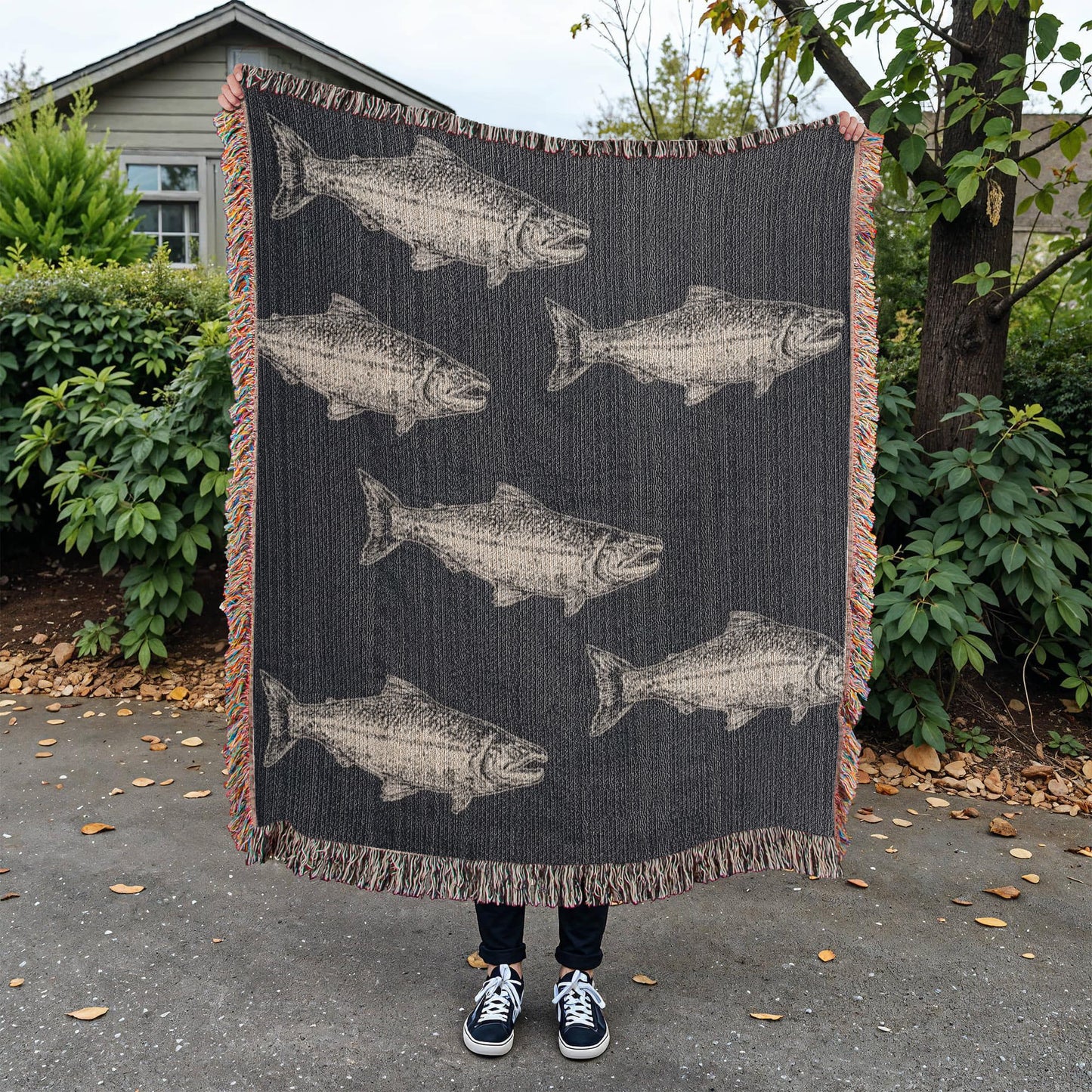 Salmon Run Blanket, Salmon Woven Throw Navy, Salmon Fish Tapestry