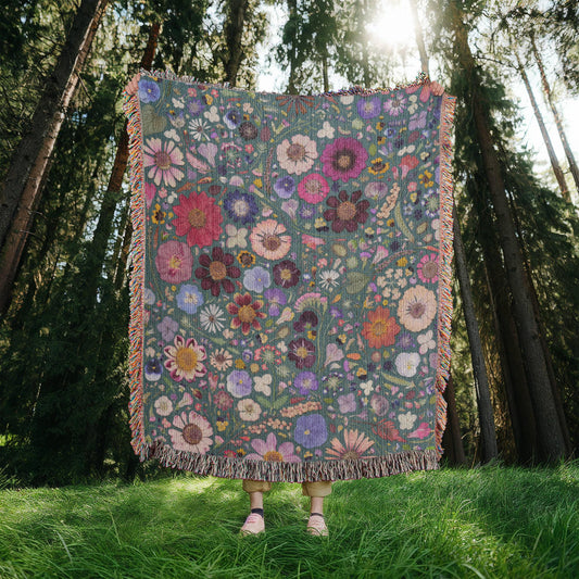 Boho Wildflowers Woven Throw, Wildflowers Blanket, Cottagecore Decor