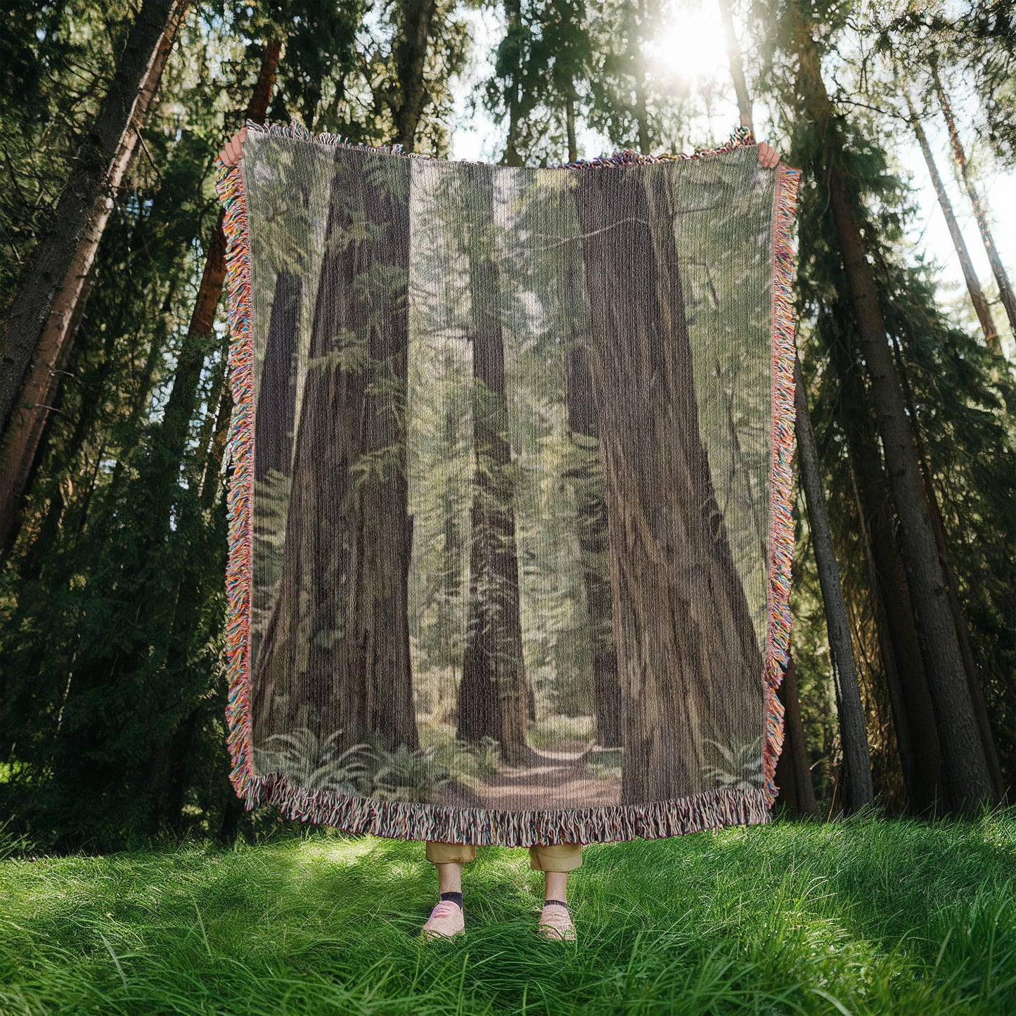 Redwoods Forest Walk Watercolor Woven Blanket