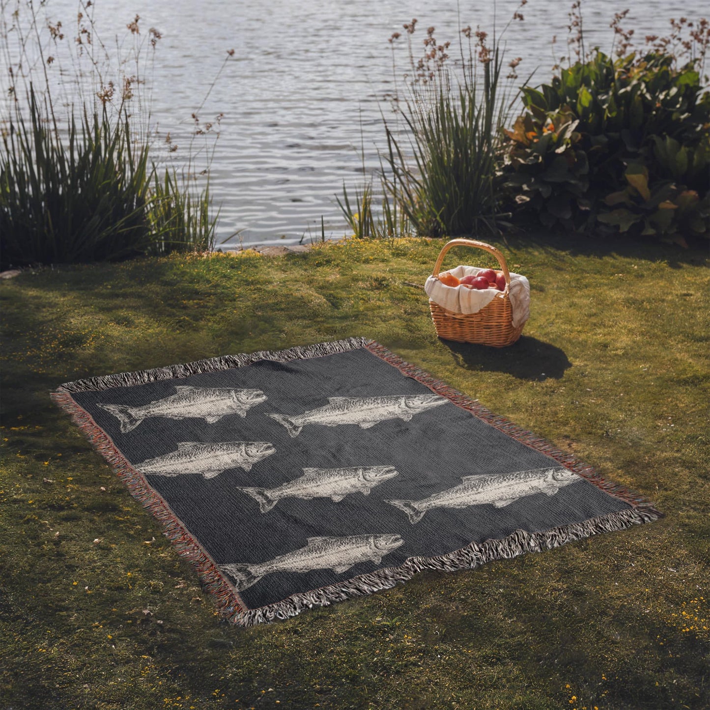 Salmon Run Blanket, Salmon Woven Throw Navy, Salmon Fish Tapestry