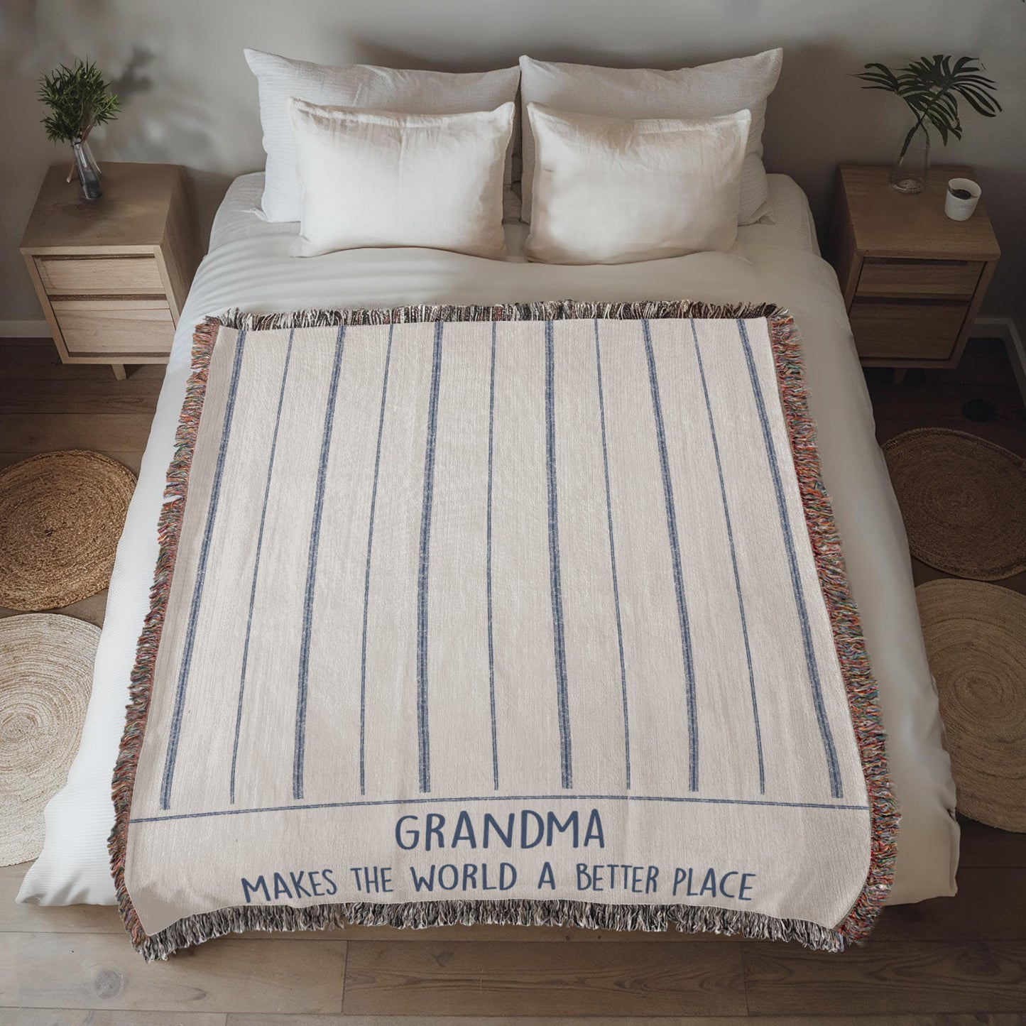 Grandma Gift, Grandma Woven Throw, Ticking Striped Blanket, Gift for New Grandma