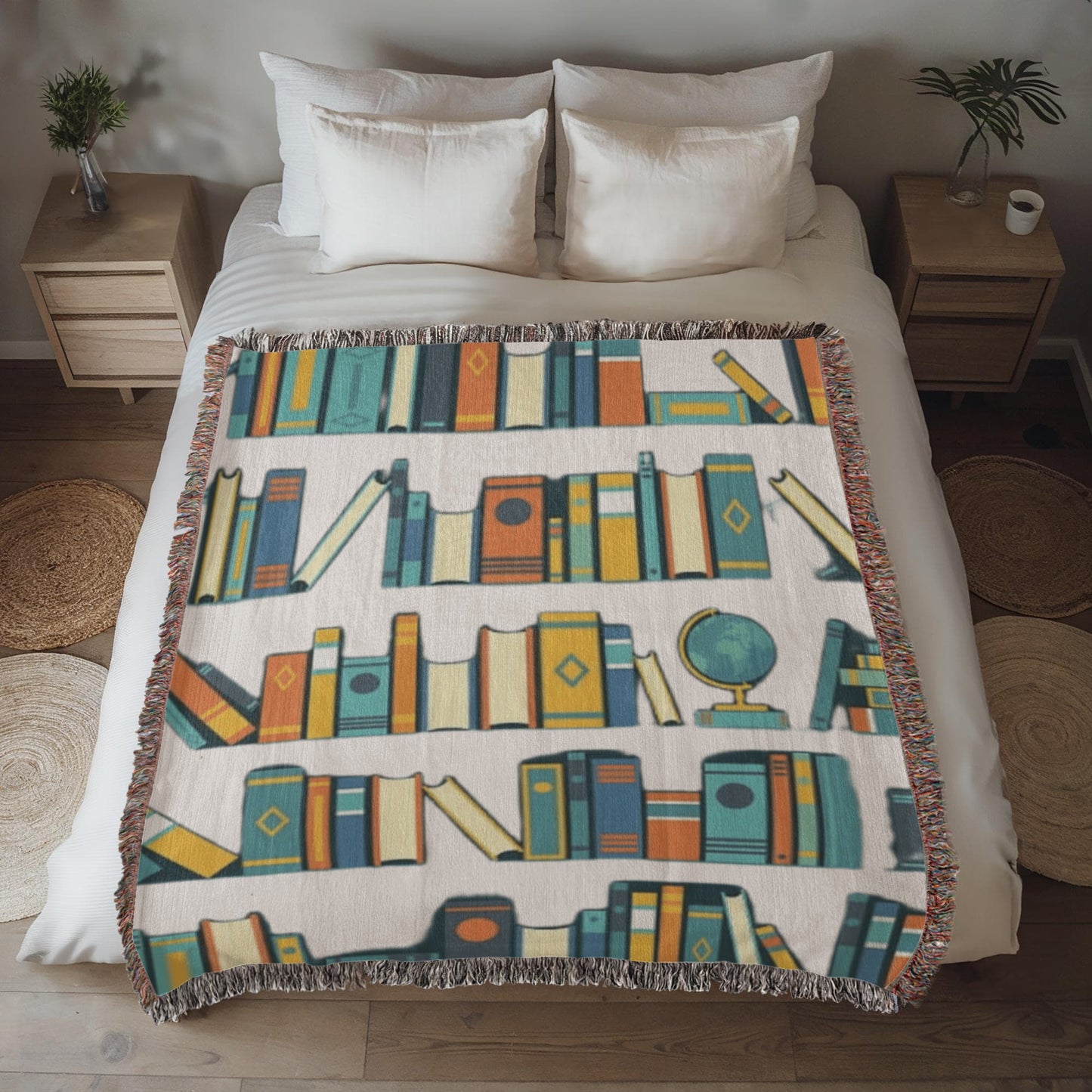 Boho Bookshelf Woven Throw, Cozy Book Blanket