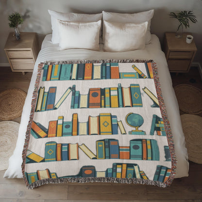 Boho Bookshelf Woven Throw, Cozy Book Blanket