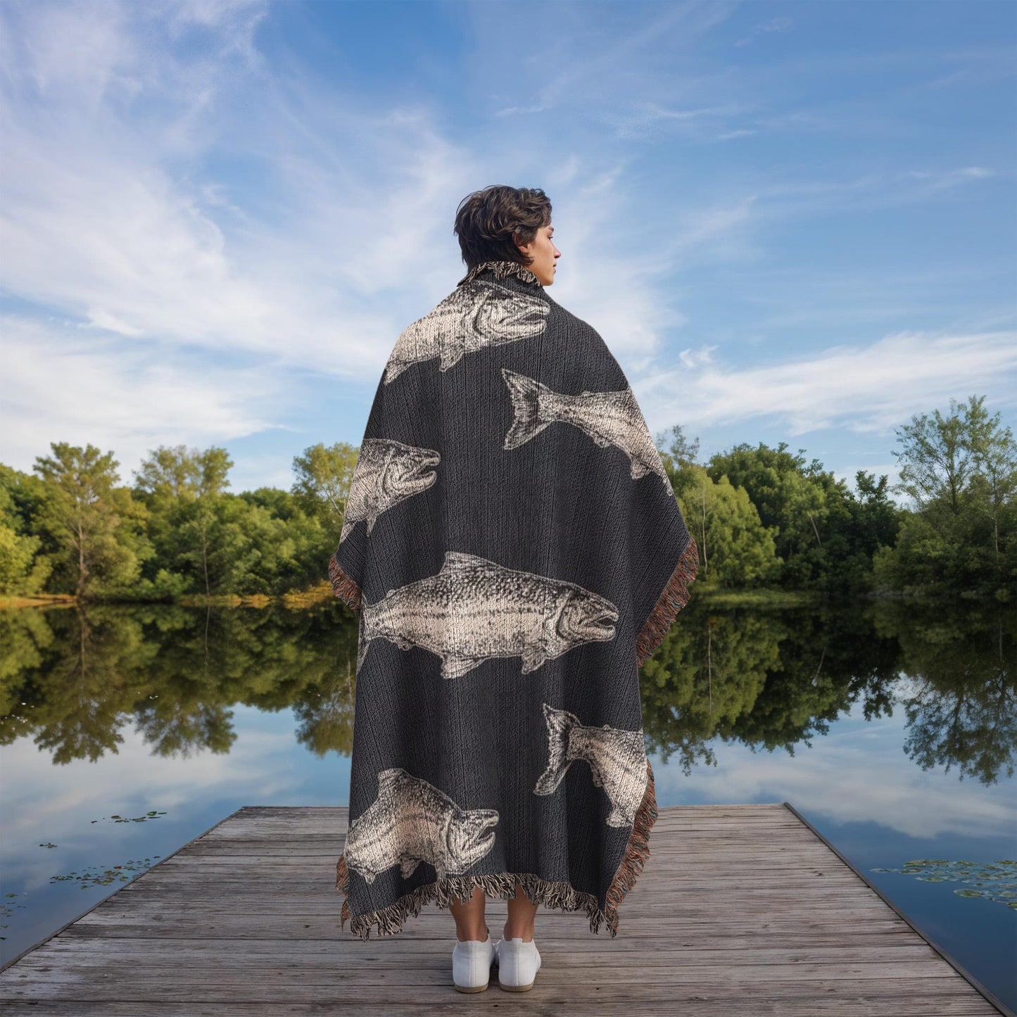 Salmon Run Blanket, Salmon Woven Throw Navy, Salmon Fish Tapestry
