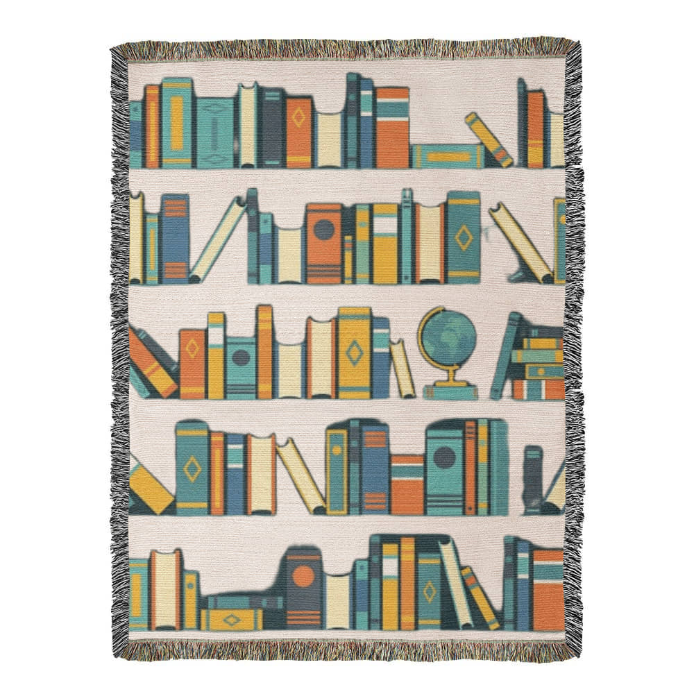 Boho Bookshelf Woven Throw, Cozy Book Blanket