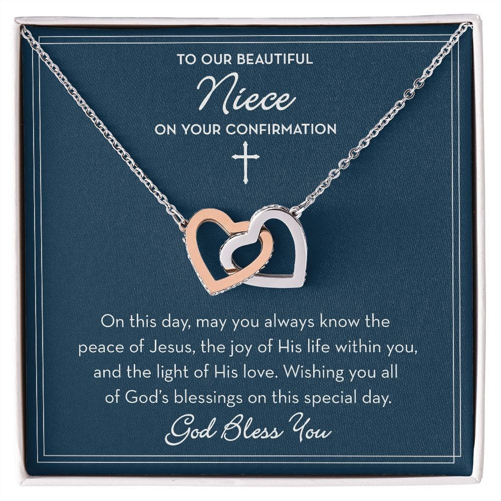 Niece Confirmation Necklace, Gift for Confirmation Girl, Confirmation Gift for Niece, From Aunt and Uncle, Linked Hearts, Religious Gift